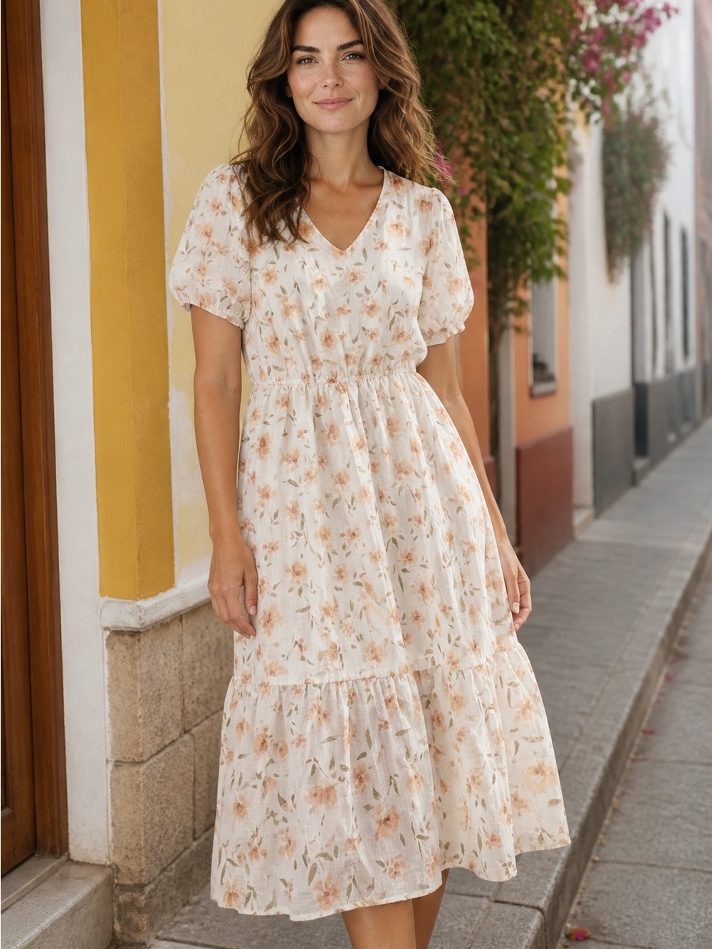 Roolee floral Puff-Sleeve Midi Dress in Cream,elastic waistband.